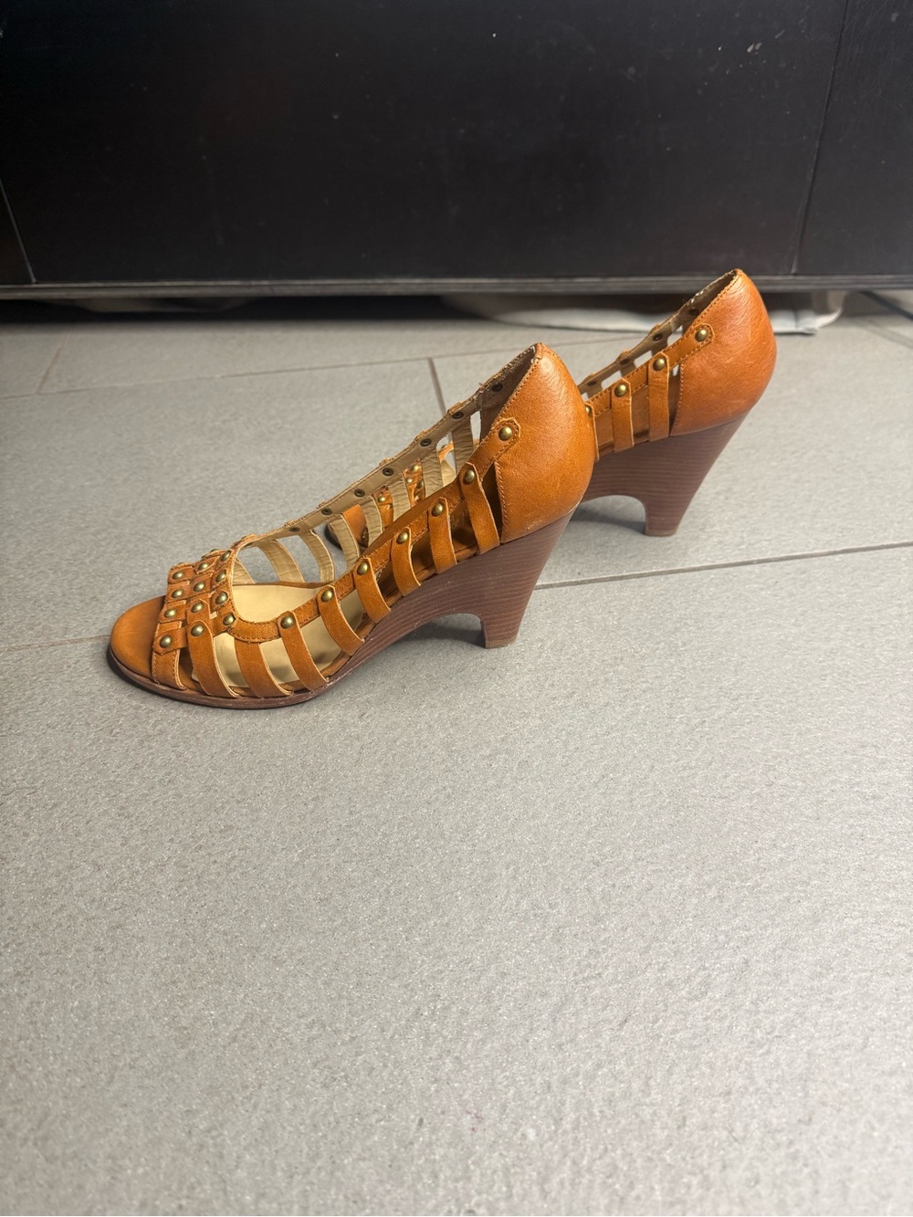 MICHAEL Michael Kors Brown Leather Studded Cage Peep Toe Heels 7.5M